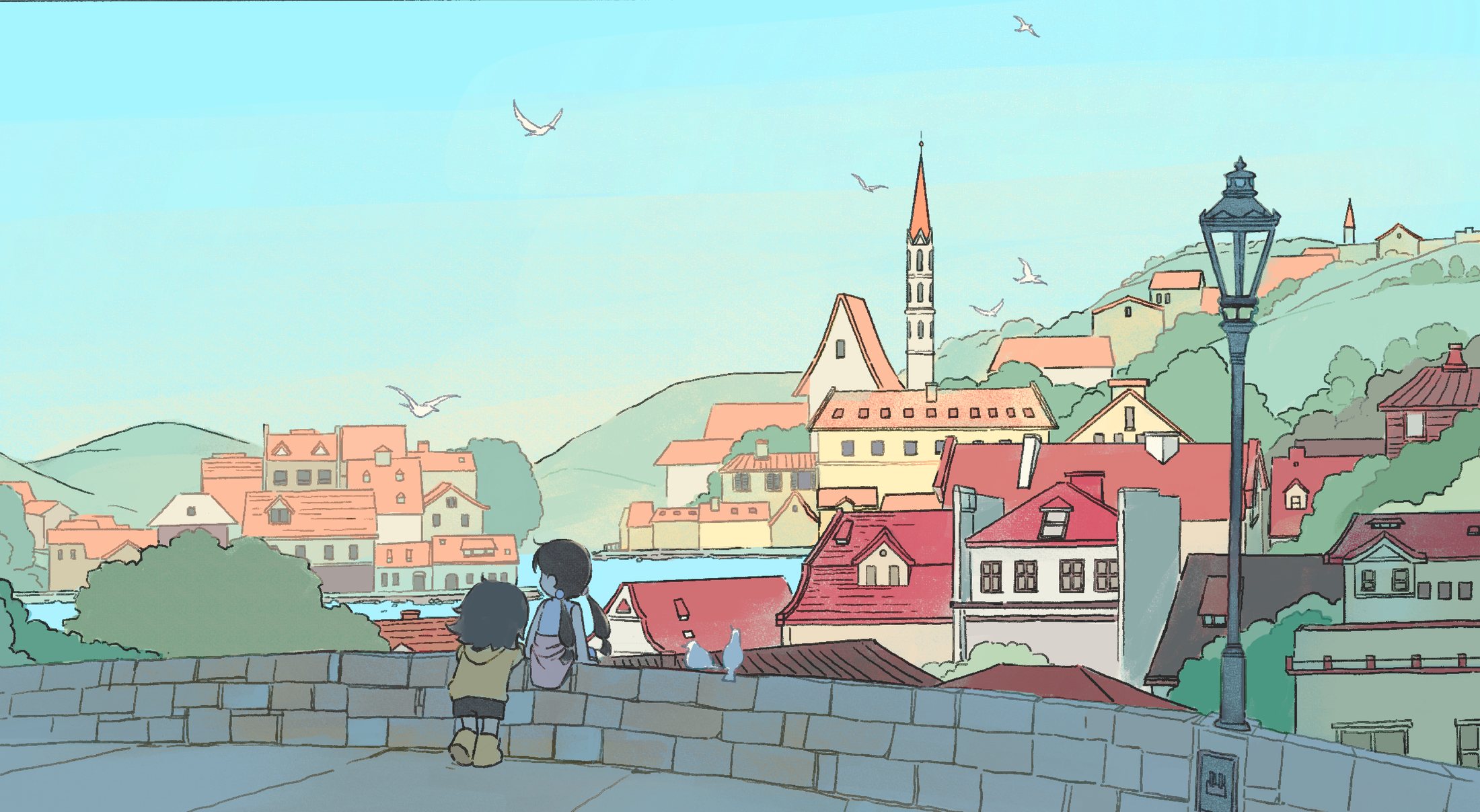 Two children on a stone bridge overlooking a riverside town